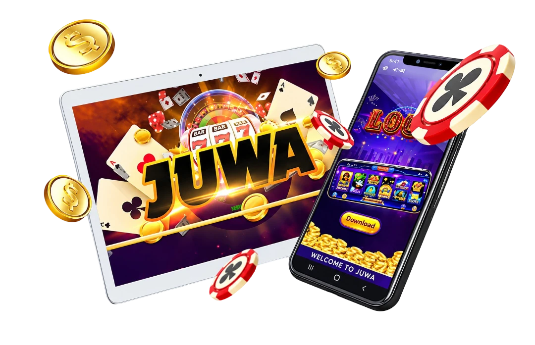 Juwa777 app on a tablet and phone with gold coins and casino chips